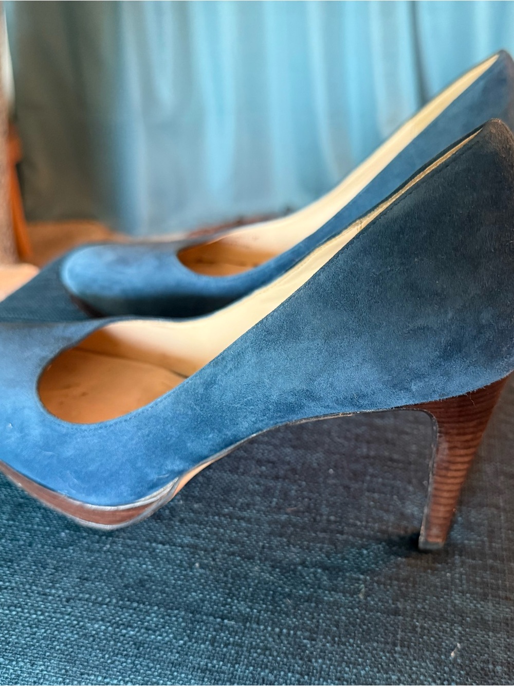 Cole Haan Nike Air Technology Blue Suede 4” Platform Pumps with BrownWooden Heel
